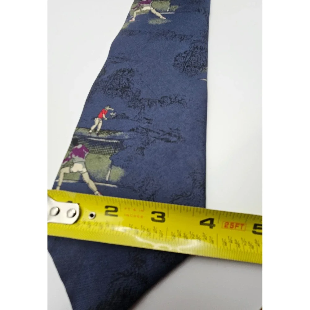 Resilio Mens Vintage Silk Tennis Novelty Tie Navy Blue Sports Print Made in USA